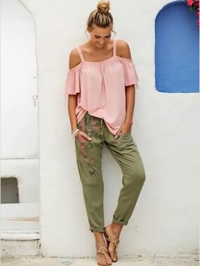 Oslo Green Painted Floral Jogger Pants - Size 6 - Artsy Boho Style